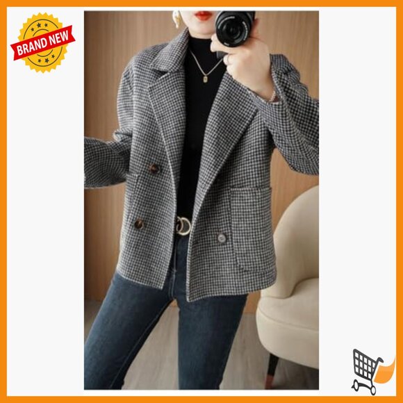 Cropped Wool Pea Coat Double Breasted Houndstooth Blazer Jacket - Picture 2 of 6